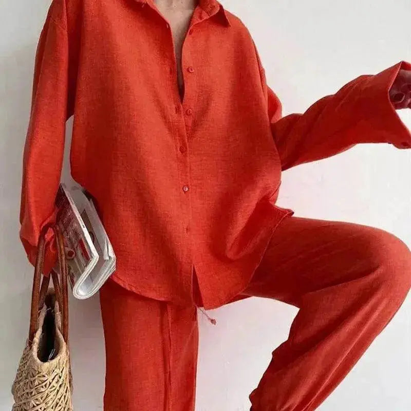 Women's 2 Piece Outfits Set Linen Button down shirt Blouse and straight Leg Pants Set - www.Shopthatapp.com