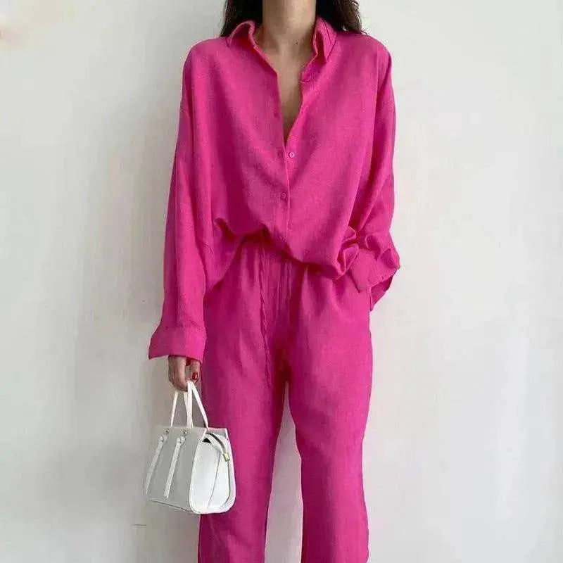 Women's 2 Piece Outfits Set Linen Button down shirt Blouse and straight Leg Pants Set - www.Shopthatapp.com