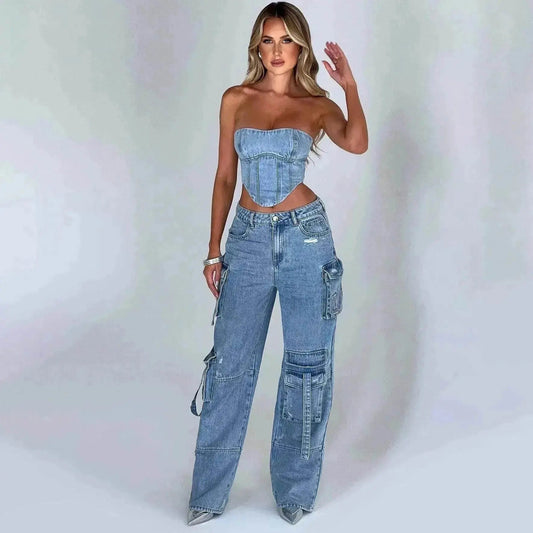 Women's American-style Low Waist Three-dimensional Pocket Stitching Jeans Denim Cargo Pant Trouser. Denim Outfit Set - www.Shopthatapp.com