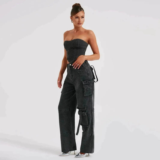 Women's American-style Low Waist Three-dimensional Pocket Stitching Jeans Denim Cargo Pant Trouser. Denim Outfit Set - www.Shopthatapp.com