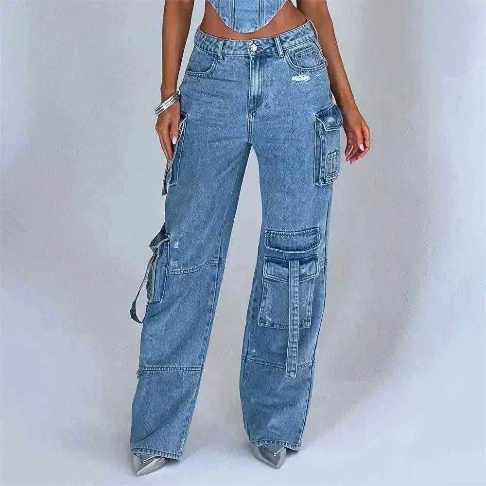 Women's American-style Low Waist Three-dimensional Pocket Stitching Jeans Denim Cargo Pant Trouser. Denim Outfit Set - www.Shopthatapp.com