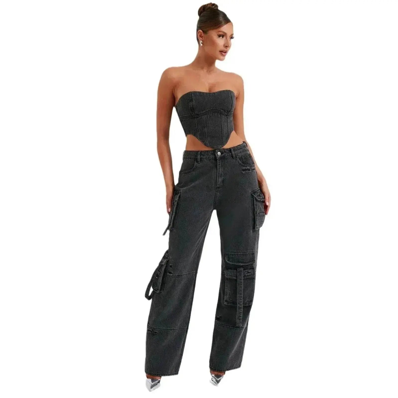 Women's American-style Low Waist Three-dimensional Pocket Stitching Jeans Denim Cargo Pant Trouser. Denim Outfit Set - www.Shopthatapp.com