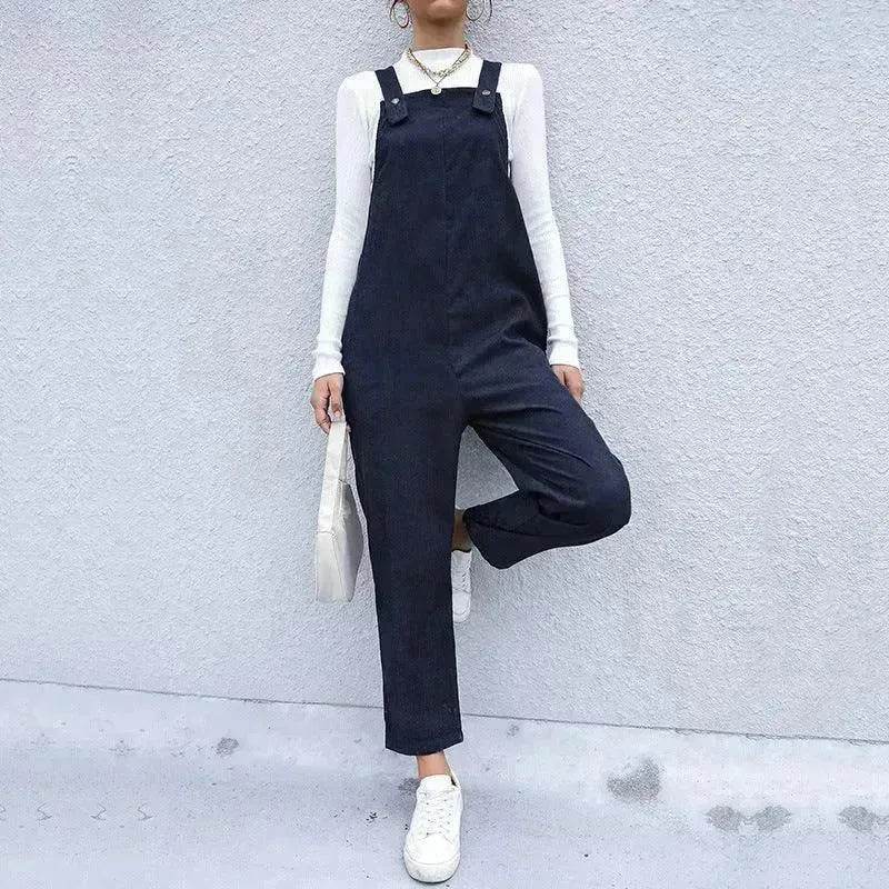 Women's Autumn Warm Corduroy Loose Solid Color Suspender Pants - www.Shopthatapp.com