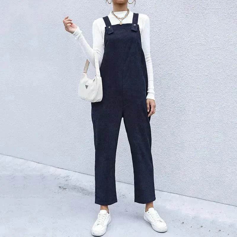 Women's Autumn Warm Corduroy Loose Solid Color Suspender Pants - www.Shopthatapp.com