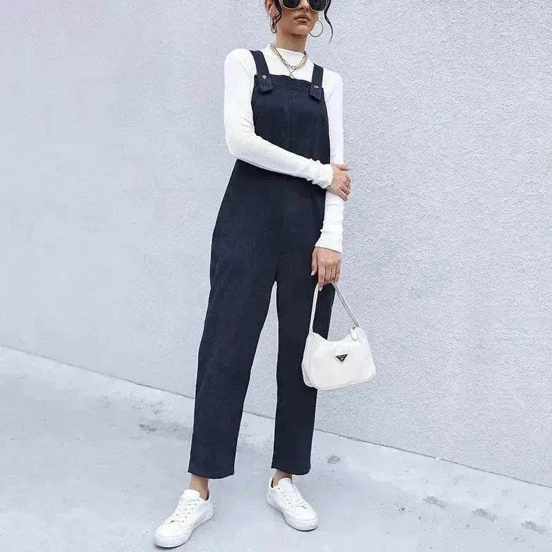 Women's Autumn Warm Corduroy Loose Solid Color Suspender Pants - www.Shopthatapp.com