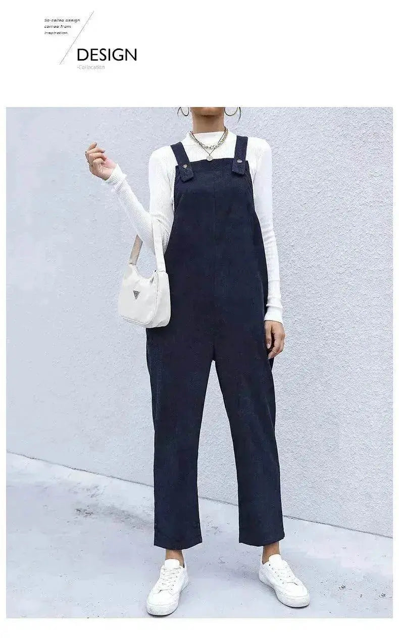 Women's Autumn Warm Corduroy Loose Solid Color Suspender Pants - www.Shopthatapp.com