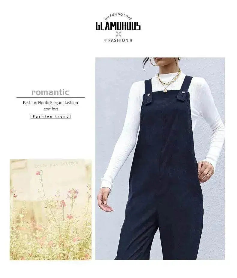 Women's Autumn Warm Corduroy Loose Solid Color Suspender Pants - www.Shopthatapp.com