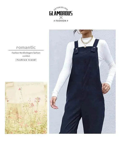 Women's Autumn Warm Corduroy Loose Solid Color Suspender Pants - www.Shopthatapp.com