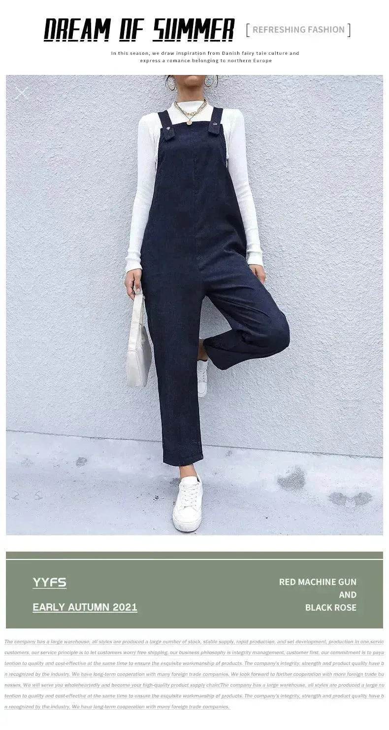 Women's Autumn Warm Corduroy Loose Solid Color Suspender Pants - www.Shopthatapp.com