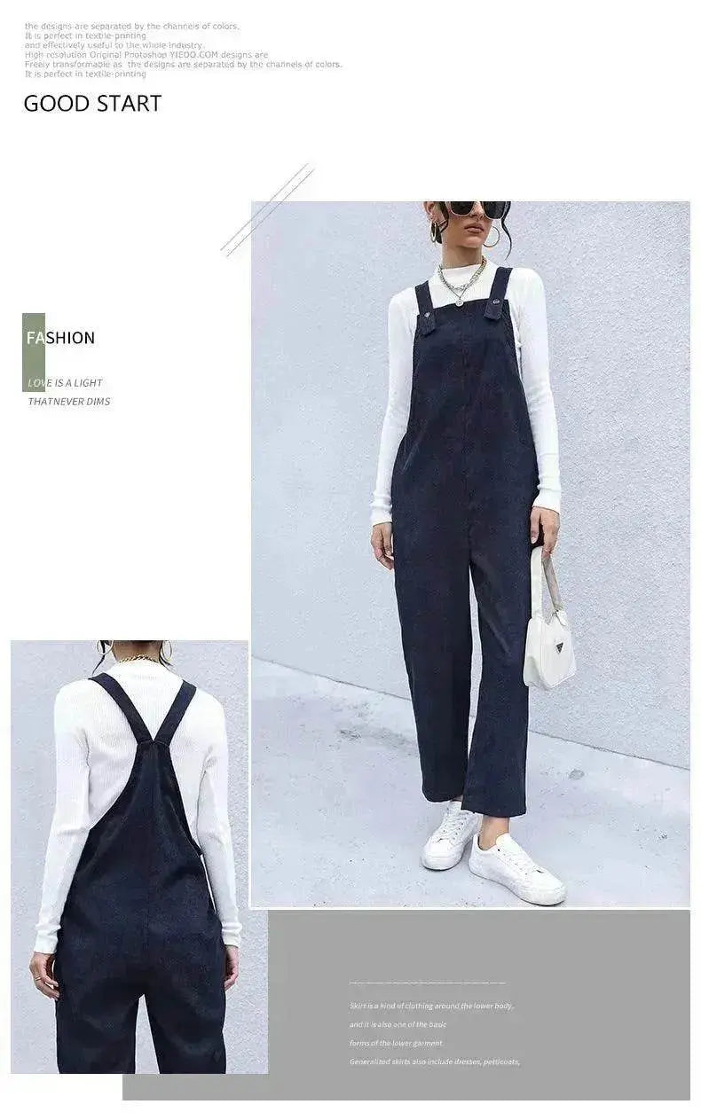 Women's Autumn Warm Corduroy Loose Solid Color Suspender Pants - www.Shopthatapp.com