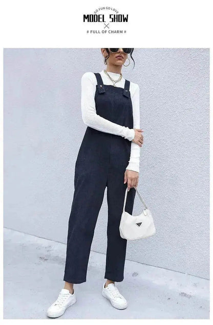 Women's Autumn Warm Corduroy Loose Solid Color Suspender Pants - www.Shopthatapp.com