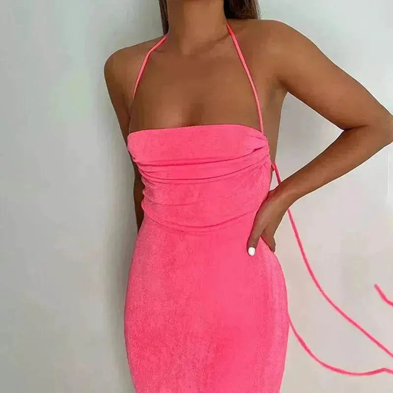 Women's Backless Charming Strap Slim Dress Tube Top Halter Dress Club Party Beach Outfits Summer - www.Shopthatapp.com