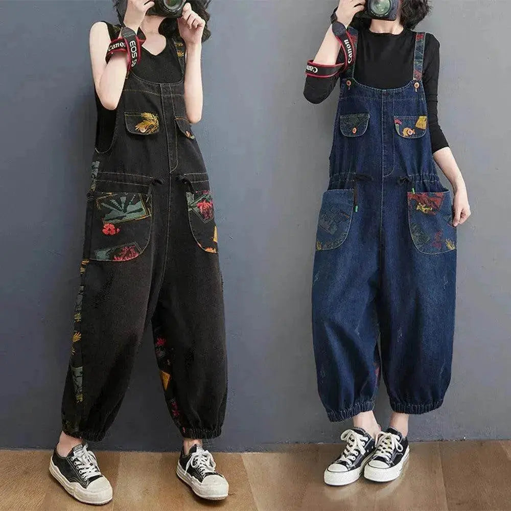 Women's Fashion Plus Size Age Reduction Print Suspender Jeans - www.Shopthatapp.com