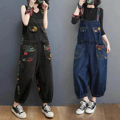 Women's Fashion Plus Size Age Reduction Print Suspender Jeans - www.Shopthatapp.com