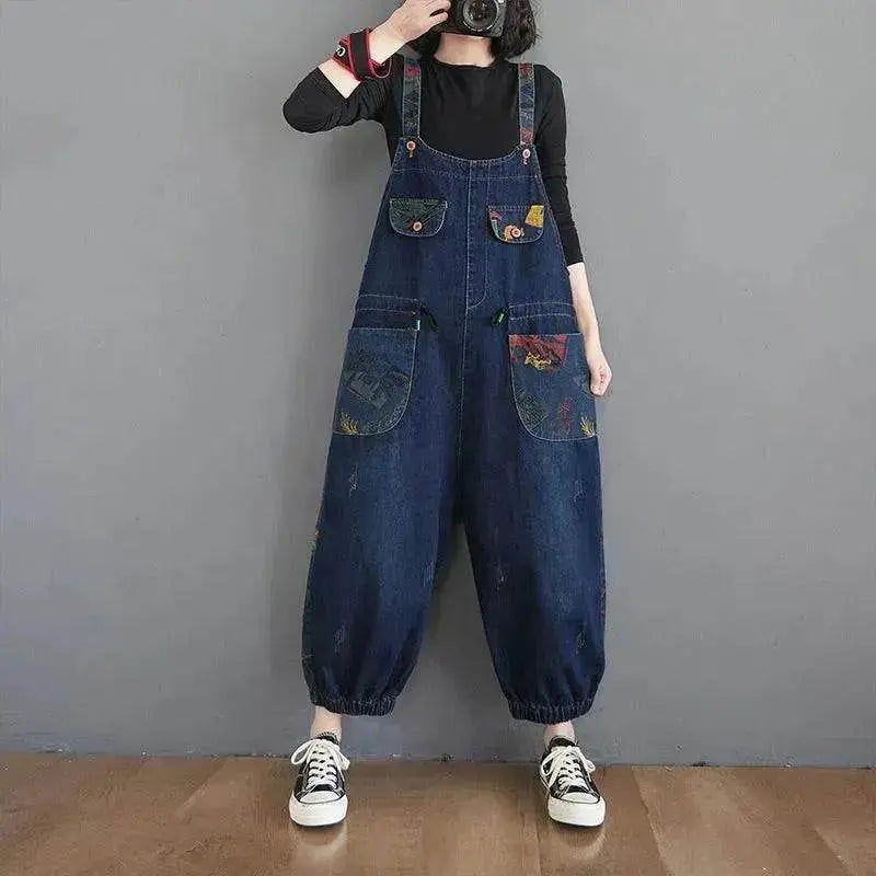 Women's Fashion Plus Size Age Reduction Print Suspender Jeans - www.Shopthatapp.com