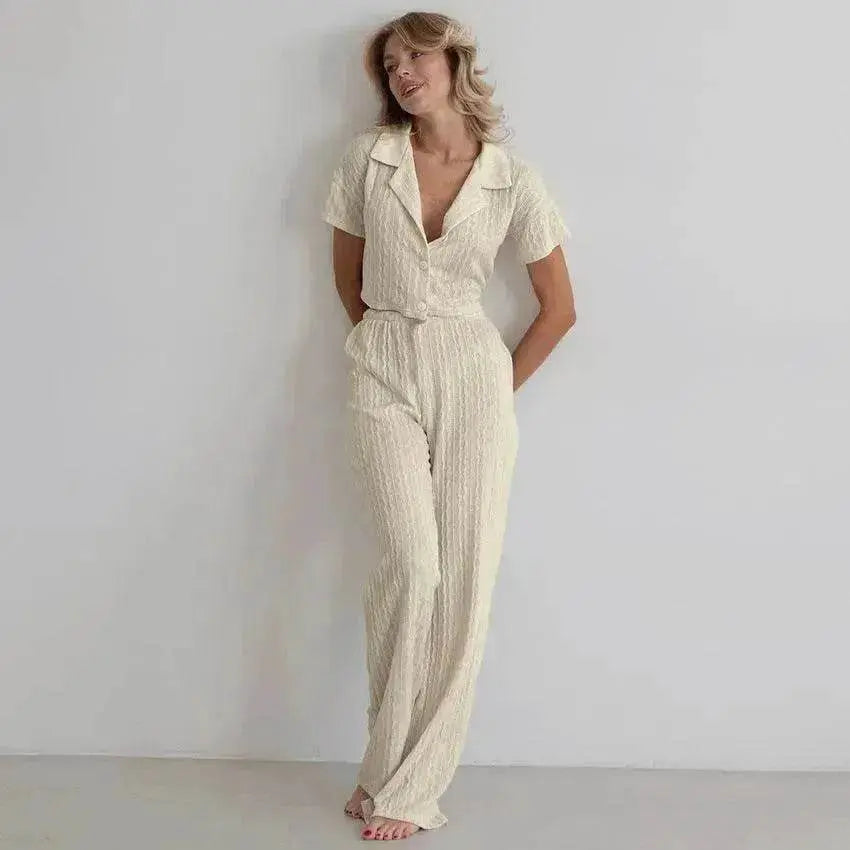 Women's Fashionable Simple Solid Color Short-sleeved Trousers Pajamas Two-piece Set - www.Shopthatapp.com