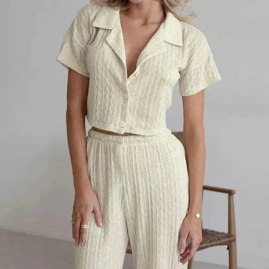 Women's Fashionable Simple Solid Color Short-sleeved Trousers Pajamas Two-piece Set - www.Shopthatapp.com