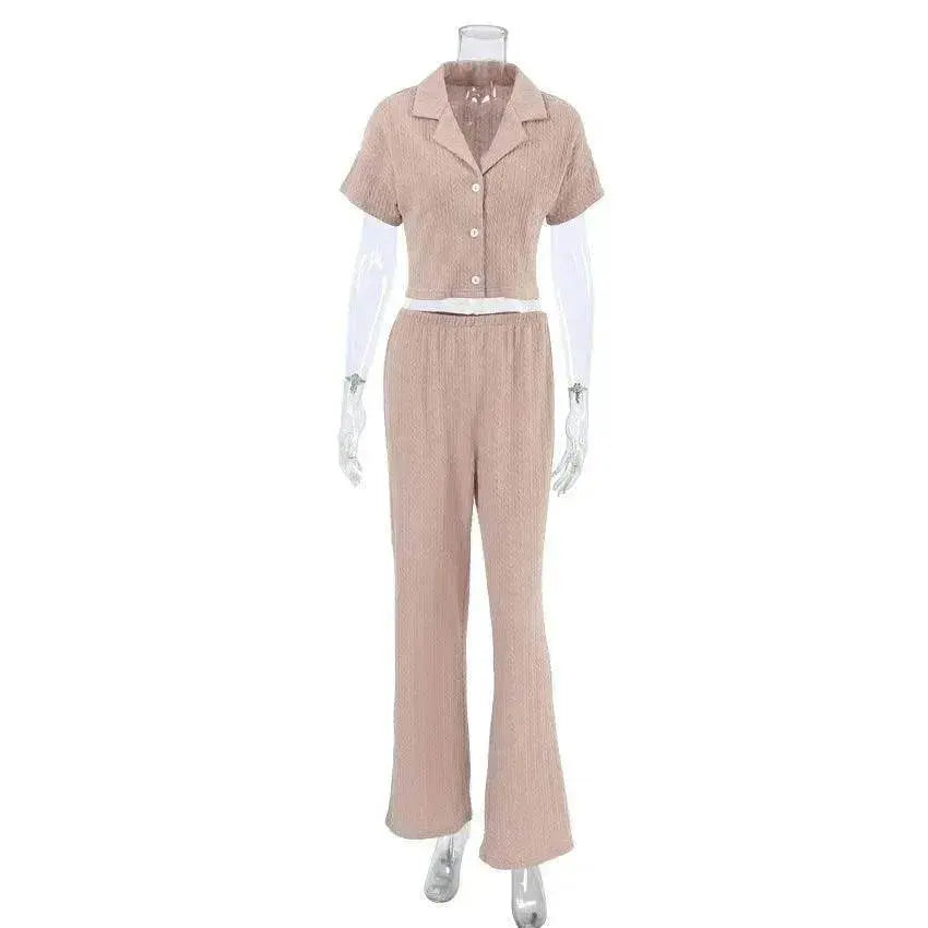 Women's Fashionable Simple Solid Color Short-sleeved Trousers Pajamas Two-piece Set - www.Shopthatapp.com