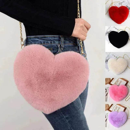 Women's Heart Shaped Plush Chain Shoulder & Hand Bag - www.Shopthatapp.com