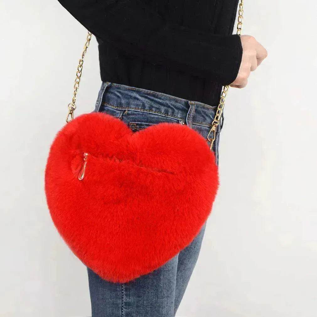 Women's Heart Shaped Plush Chain Shoulder & Hand Bag - www.Shopthatapp.com