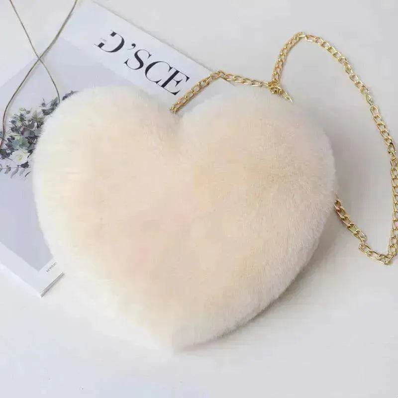 Women's Heart Shaped Plush Chain Shoulder & Hand Bag - www.Shopthatapp.com