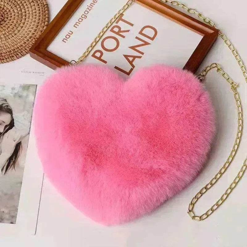 Women's Heart Shaped Plush Chain Shoulder & Hand Bag - www.Shopthatapp.com