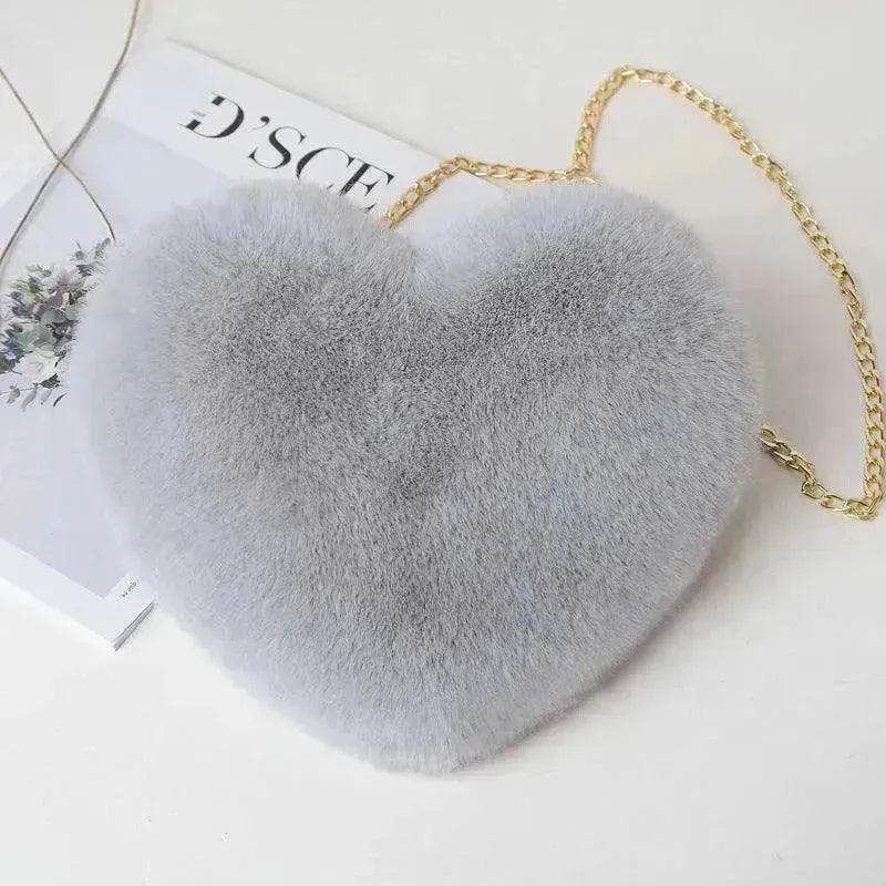 Women's Heart Shaped Plush Chain Shoulder & Hand Bag - www.Shopthatapp.com