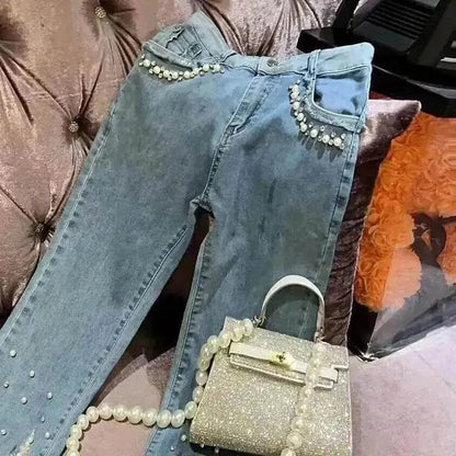Women's Heavy Industry Beads Sequined Jeans Trouser - www.Shopthatapp.com