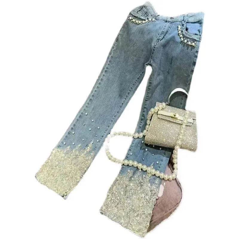 Women's Heavy Industry Beads Sequined Jeans Trouser - www.Shopthatapp.com