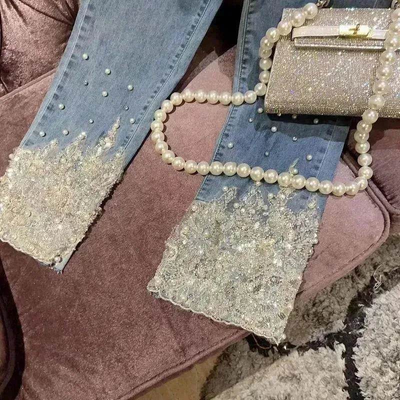 Women's Heavy Industry Beads Sequined Jeans Trouser - www.Shopthatapp.com