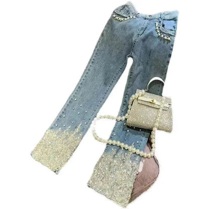 Women's Heavy Industry Beads Sequined Jeans Trouser - www.Shopthatapp.com