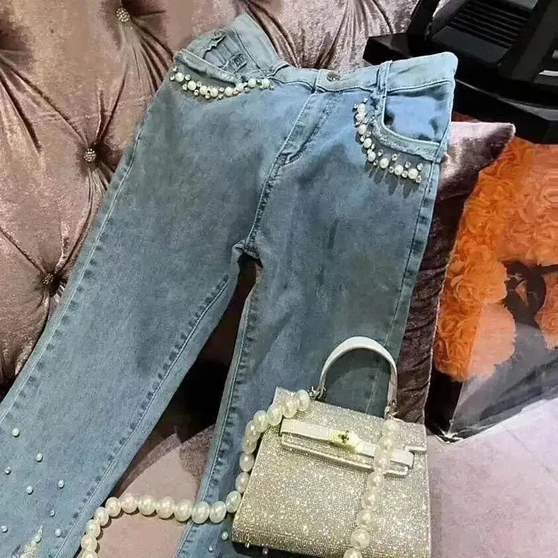 Women's Heavy Industry Beads Sequined Jeans Trouser - www.Shopthatapp.com