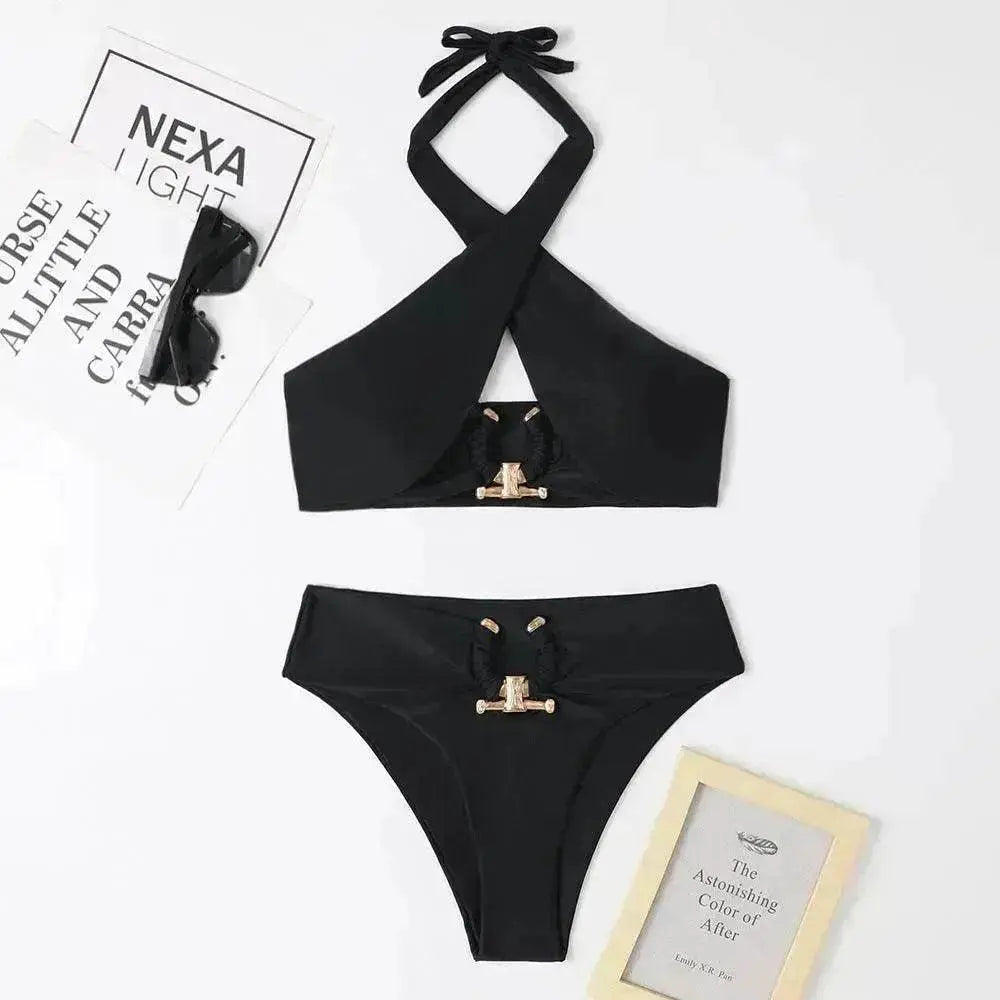Women's High-Waist Briefs Swimsuit with Fashionable Split and Cross-Halterneck - www.Shopthatapp.com