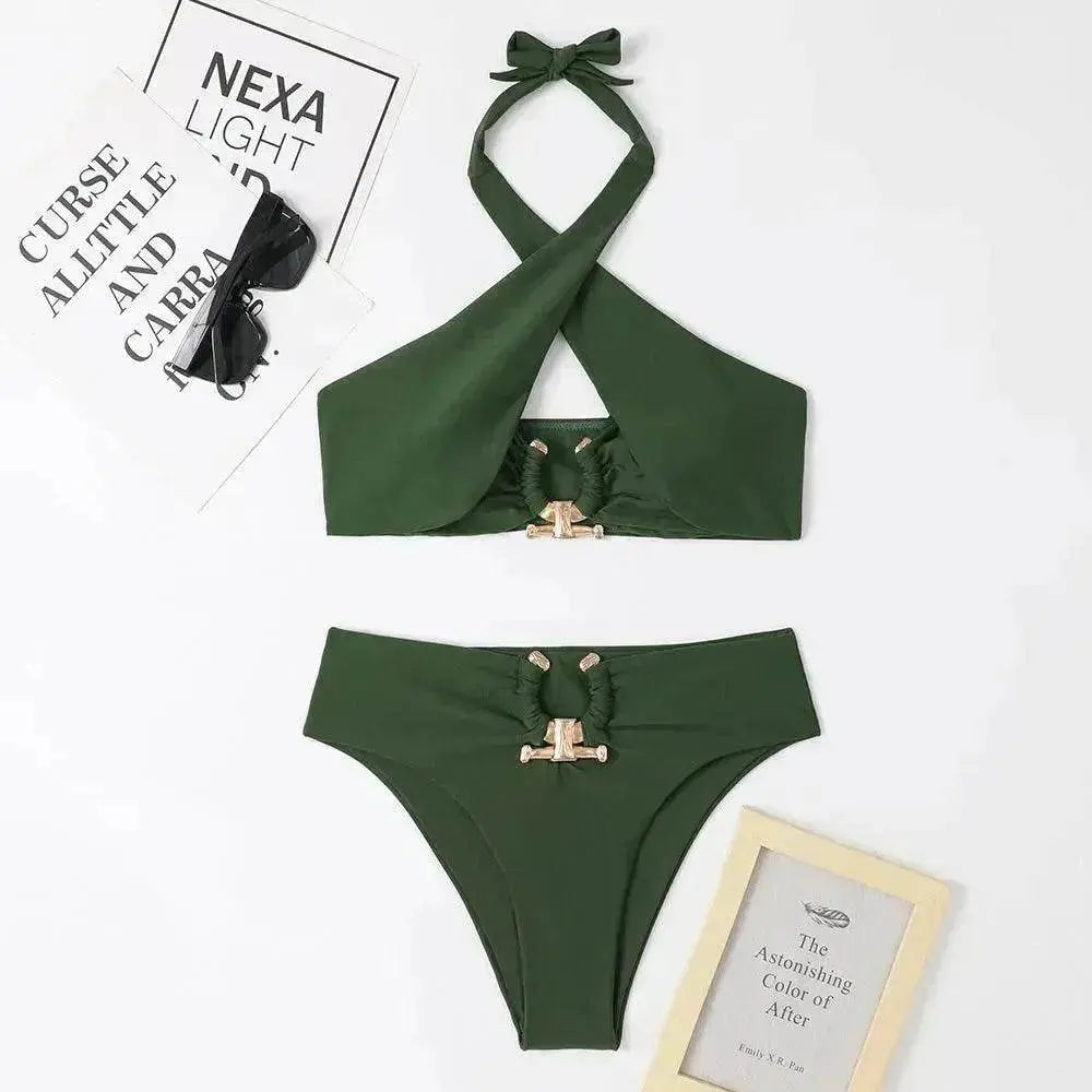 Women's High-Waist Briefs Swimsuit with Fashionable Split and Cross-Halterneck - www.Shopthatapp.com