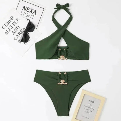 Women's High-Waist Briefs Swimsuit with Fashionable Split and Cross-Halterneck - www.Shopthatapp.com
