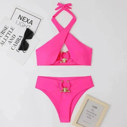 Women's High-Waist Briefs Swimsuit with Fashionable Split and Cross-Halterneck - www.Shopthatapp.com