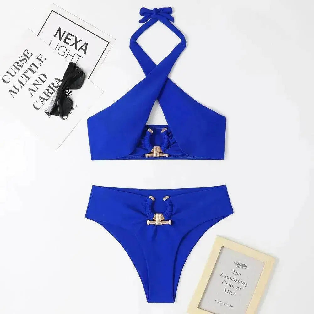 Women's High-Waist Briefs Swimsuit with Fashionable Split and Cross-Halterneck - www.Shopthatapp.com