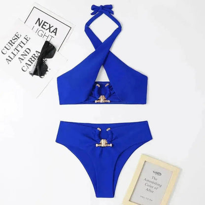 Women's High-Waist Briefs Swimsuit with Fashionable Split and Cross-Halterneck - www.Shopthatapp.com