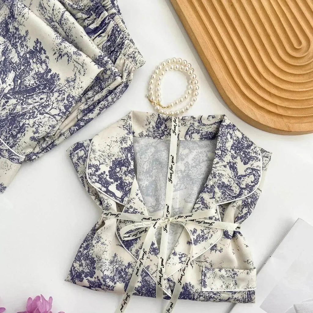 Women's Ice Silk Pajamas with New Ink Print Design: Long-Sleeved Homewear - www.Shopthatapp.com