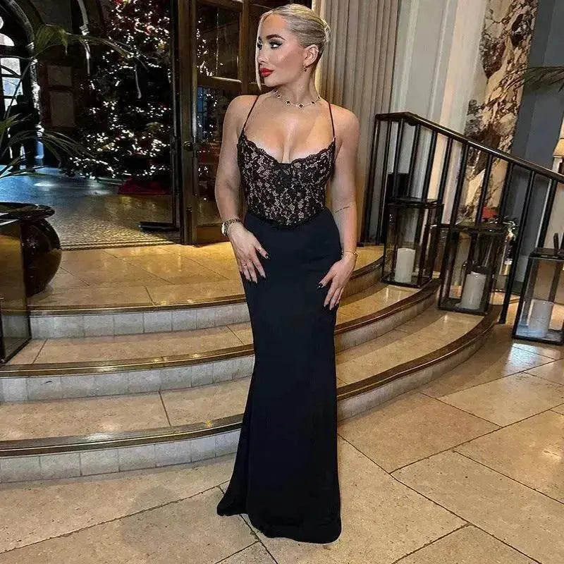 Women's Lace Jacquard Stitching Sheath Dress with V-Neck, Bare Chest and Suspenders Design - www.Shopthatapp.com