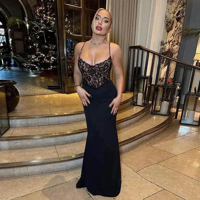 Women's Lace Jacquard Stitching Sheath Dress with V-Neck, Bare Chest and Suspenders Design - www.Shopthatapp.com