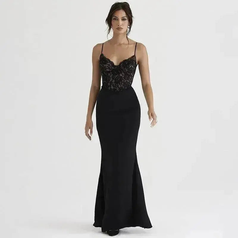 Women's Lace Jacquard Stitching Sheath Dress with V-Neck, Bare Chest and Suspenders Design - www.Shopthatapp.com