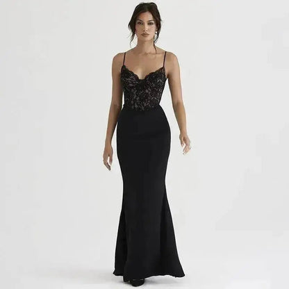 Women's Lace Jacquard Stitching Sheath Dress with V-Neck, Bare Chest and Suspenders Design - www.Shopthatapp.com