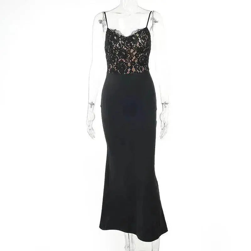 Women's Lace Jacquard Stitching Sheath Dress with V-Neck, Bare Chest and Suspenders Design - www.Shopthatapp.com