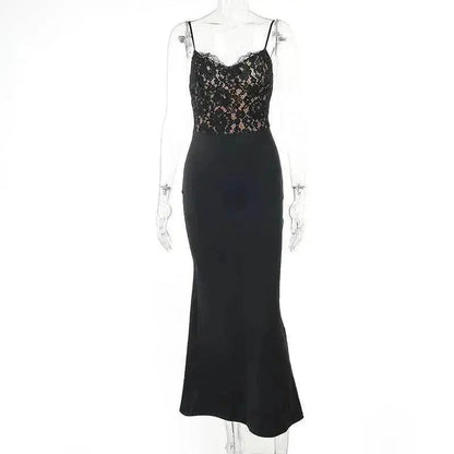 Women's Lace Jacquard Stitching Sheath Dress with V-Neck, Bare Chest and Suspenders Design - www.Shopthatapp.com