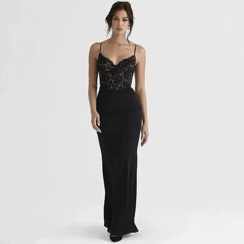 Women's Lace Jacquard Stitching Sheath Dress with V-Neck, Bare Chest and Suspenders Design - www.Shopthatapp.com