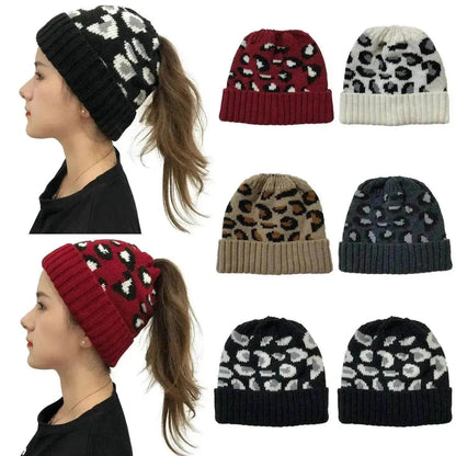 Women's Leopard Jacquard Ponytail Knitted Woolen Hat - www.Shopthatapp.com
