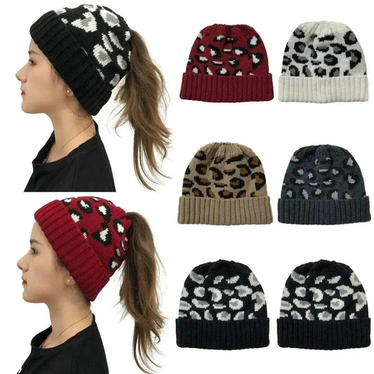 Women's Leopard Jacquard Ponytail Knitted Woolen Hat - www.Shopthatapp.com