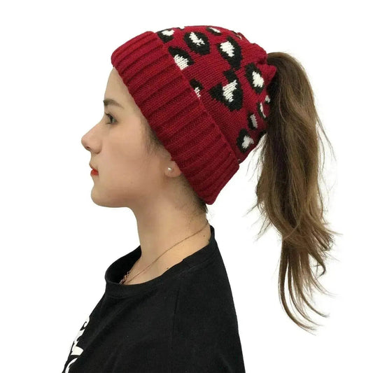 Women's Leopard Jacquard Ponytail Knitted Woolen Hat - www.Shopthatapp.com