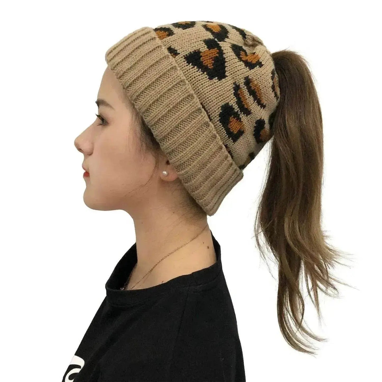 Women's Leopard Jacquard Ponytail Knitted Woolen Hat - www.Shopthatapp.com